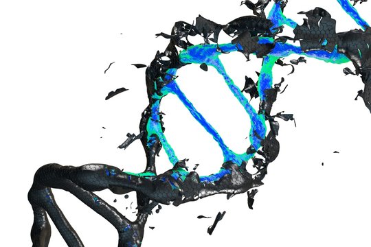 3d image: DNA molecule. collapsing. Genetic mutation and combating viruses.  Science and medic concept. Destroyed structure. Nano technology. Blue green and black. white background isolated