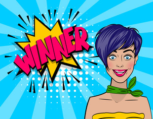 Colored comic text speech bubble. Beautiful sexy girl cool hairstyle say winner, smiling in pop art stule. Comic book retro texture halftone background. Vector vintage dot sunbeam illustration.