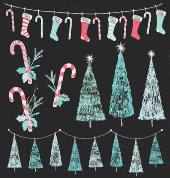 Christmas Tree, Stocking and Candy Cane Chalk Drawing Design Elements Vector Set