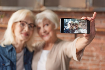 Joyful mature ladies making selfie in kitchen