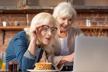 Cheerful senior women using laptop in cook room