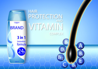 eps 10 vector advertising poster of revolutionary formula 3 in 1 complex hair shampoo, conditioner and mask with vitamin protection effect. Realistic brand cosmetic package, cosmetic web, print banner