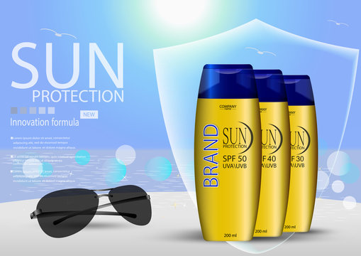 eps10 vector advertising poster of sunblock, sunscreen creams isolated on sea andd sun background with sunglassees, shield and bokeh effect. Premium banner for web, print. Realistic body lotion bottle