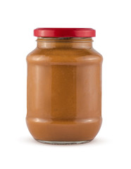 Eggplant jam in a glass jar isolated on white background with clipping path.
