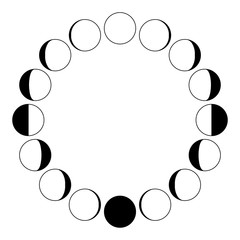Raster illustration. Moon. The phases of the moon. Simple template. Monochrome. The whole cycle from new moon to full. Graphic image. Stylization. The phases of the moon on a white background