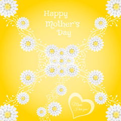 Naklejka na ściany i meble Vector poster of Happy Mother's Day on the gradient yellow background with curly branches of flowers and text.