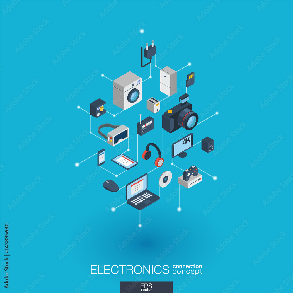 Poster electronics integrated 3d web icons. digital network isometric interact concept. connected graphic d