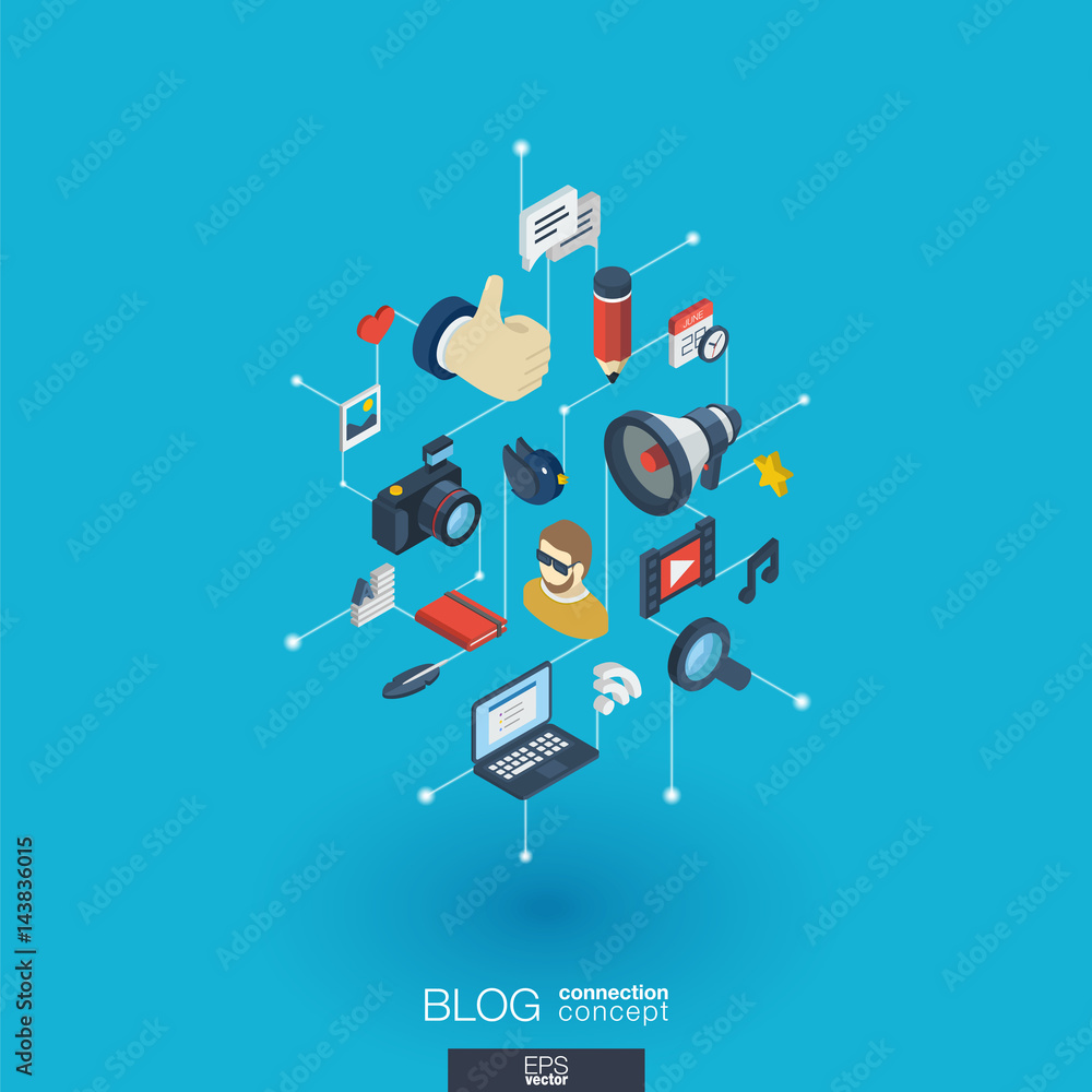 Poster blog integrated 3d web icons. digital network isometric interact concept. connected graphic design d