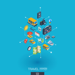 Obraz na płótnie Canvas Travel integrated 3d web icons. Digital network isometric interact concept. Connected graphic design dot and line system. Background whith tour map, hotel booking, flight ticket. Vector Infograph