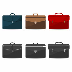 Briefcases set with shadows. Coloful and monochrome icons of bag, suitcase, briefcase. Vector