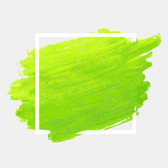 Green watercolor stroke with white frame. Grunge abstract background brush paint texture. Vector