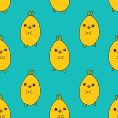 Seamless pattern with imaginary animal.Vector cute kawaii illustration. Hand drawn japanese kawaii style sketch, abstract imaginary creature