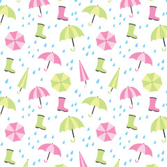Vector illustration of seamless pattern background with umbrella, rain and rain boots.
