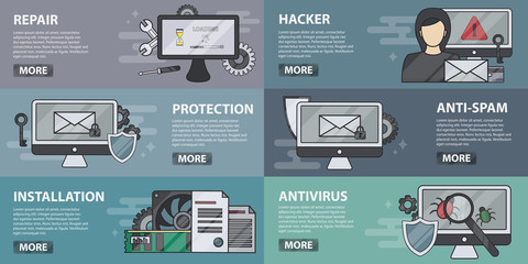 Vector set of flat banners of repair, hardware and installation. Concept of computer market, online support and antivirus. Collection of computer elements in line design.