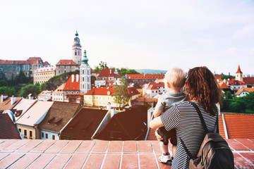 Fototapeta premium Family of Tourists in Cesky Krumlov, Czech Republic, Europe