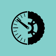 Icons car service. Car wheel and speedometer. Black pattern on a green background.