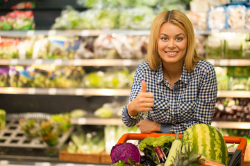 Young gorgeous female customer at the groceries shop