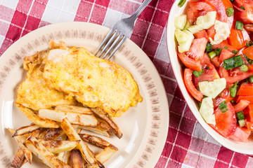 Fried chicken white meat with potatoes on the plate