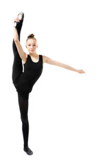 Fototapeta premium Young girl doing gymnastics on white background