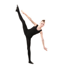 Fototapeta premium Young girl doing gymnastics on white background