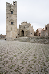 Erice cathedral with its bell tower: view from the square in front of the church