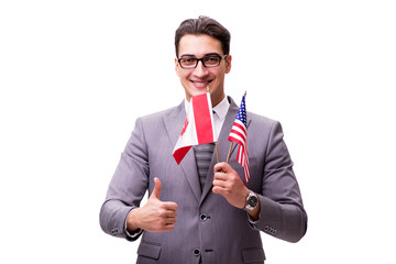 Young businessman with flag isolated on white