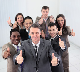 Smiling business people  looking at camera and showing thumbs up