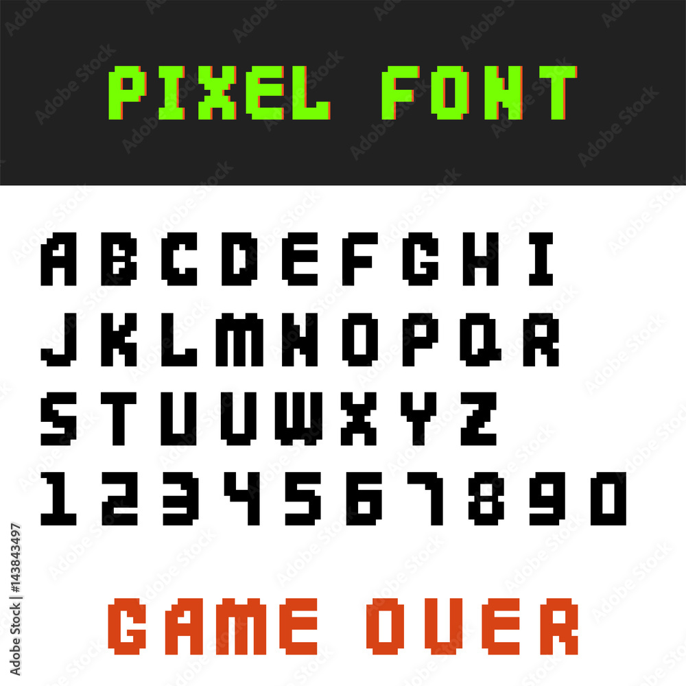 Fototapete pixel retro font video computer game design 8 bit letters numbers electronic futuristic style vector