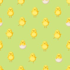 Vector seamless pattern with cute yellow Easter chickens on a green background.