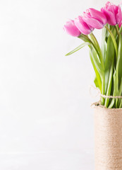 Pink tulips on a light background in handmade Vase. Pink tulip. Tulips. Flowers. Flower background. Flowers photo concept. Holidays photo concept. Copyspace
