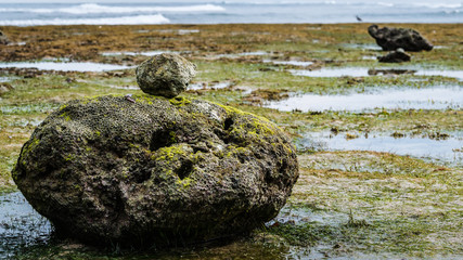 Zen-like Stones Covered with Moos on Beach during Low Tide, Nice Water Reflection, Nusa Dua, Bali, Indonesia