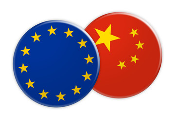 News Concept: EU Flag Button On China Flag Button, 3d illustration on white background