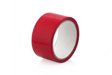 Red roll of duct tape, isolated on white background.