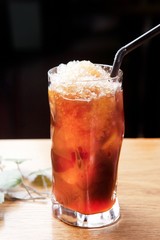 ice coffee on wooden table