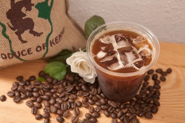 ice coffee on wooden table