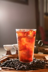 ice coffee on wooden table, 아이스아메리카노