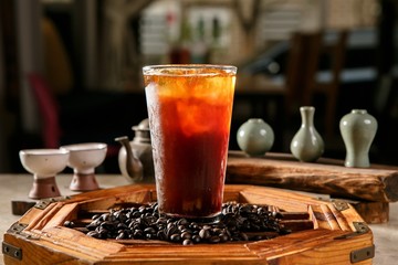 ice coffee on wooden table