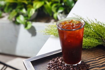 ice coffee on wooden table
