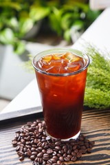 ice coffee on wooden table, 아이스아메리카노