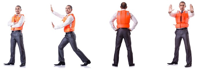 Man in life jacket isolated on white