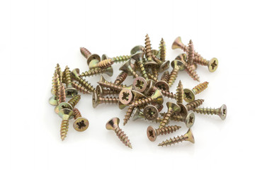 Threaded steel screws, metal screw, threaded screw, chrome screw on a white background. Isolated