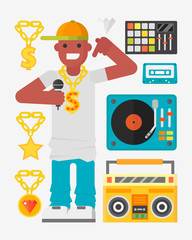 Hip hop character musician with microphone breakdance expressive rap portrait vector illustration.