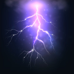 Flash of lightning with shine. Vector illustration with realistic effect of electrical discharge on dark blue background. Weather with storm and thunder