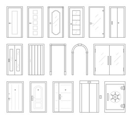 Icons set of doors types. Collection in thin linear style. Entrance to the house, classic wooden or glass interior doors, lift and safe. Simple design. Vector illustration isolated on white background