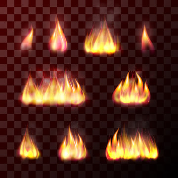 Set of transparent flame effects: hot burn fire, bright bonfire, warm and orange fiery light of burning candle or matches. Realistic design element. Vector illustration isolated on background.