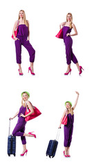 Fototapeta premium Young woman ready for summer vacation on white