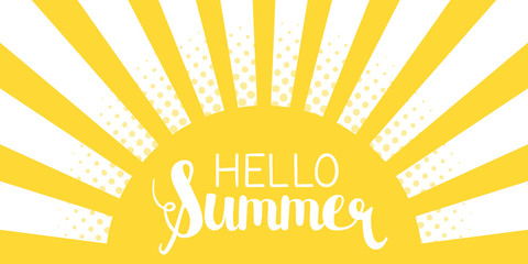 Sun rays background with Hello Summer letters vector illustration