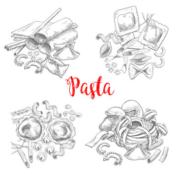 Pasta and Italian macaroni vector sketch