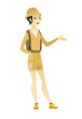 Traveler with arm out in a welcoming gesture.