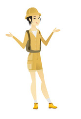 Asian confused traveler with spread arms.